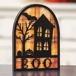Boo & Spooky House Silhouette Plaid Background Wooden Sitter