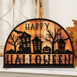 Happy Halloween Spooky Village Plaid Background Sign on Base