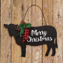 Merry Christmas Wooden Cow Sign w/Winter Greenery
