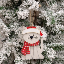 Layered Wood Cat in Hat & Scarf Ornament