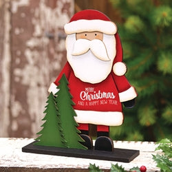 Merry Christmas Wooden Santa & Trees on Base - 9.5"H