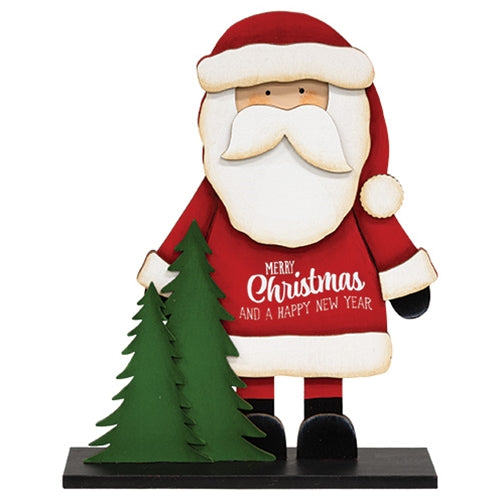 Merry Christmas Wooden Santa & Trees on Base - 9.5"H
