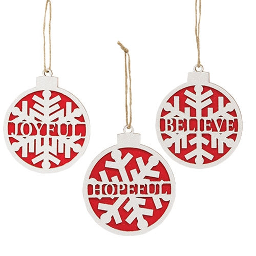 Wooden Sparkle Snowflake Winter Word Bulb Ornament - 3 Asstd.
