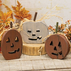 Primitive Distressed Wood Cutout Jack O Lantern Sitter - 3 Asstd.