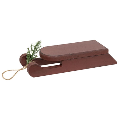 Distressed Wooden Red Sled w/Pine - 9"