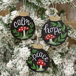 Peace Calm Hope Wooden Mushroom Bulb Ornament - 3 Asstd.