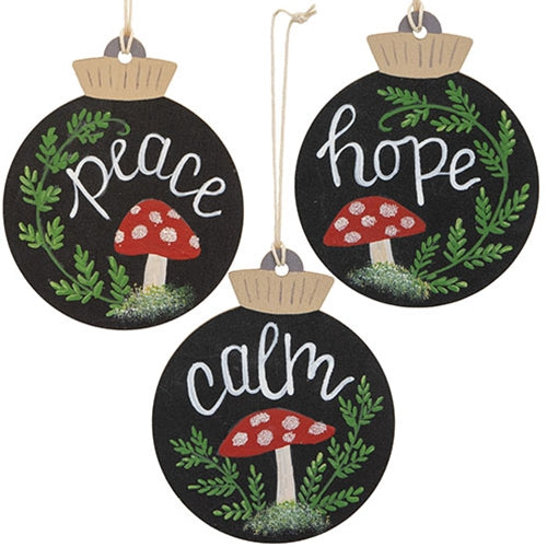 Peace Calm Hope Wooden Mushroom Bulb Ornament - 3 Asstd.
