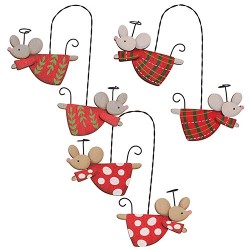Wooden Flying Angel Mice Pair Hanging Ornament - 3 Asstd.