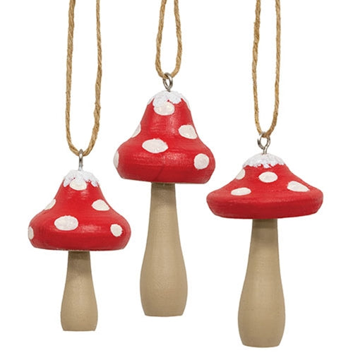 3/Set - Snowy Red-Capped Wooden Mushroom Ornaments