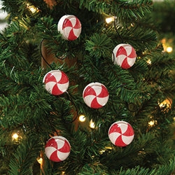 6/Set - Wood & Glass Marble Peppermint Ornaments