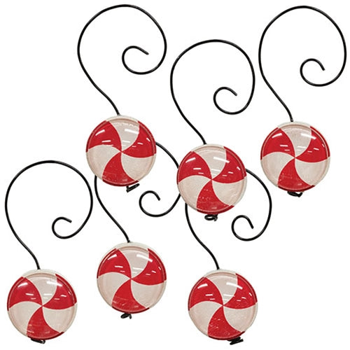 6/Set - Wood & Glass Marble Peppermint Ornaments