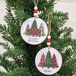 Season's Greetings Plaid Woodland Round Ornament - 2 Asstd.