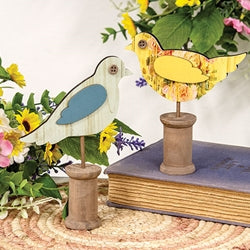 Cottage Rose Distressed Wooden Bird on Spool - 2 Asstd