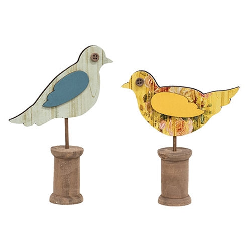 Cottage Rose Distressed Wooden Bird on Spool - 2 Asstd