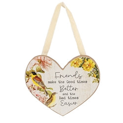 Vintage Floral Friendship Wooden Heart Ornament - 3 Asstd