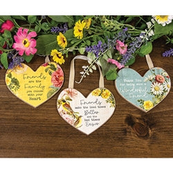 Vintage Floral Friendship Wooden Heart Ornament - 3 Asstd