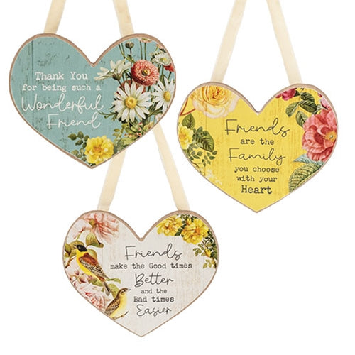 Vintage Floral Friendship Wooden Heart Ornament - 3 Asstd