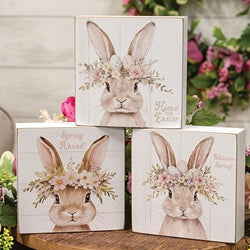 Welcome Spring Floral Crown Bunny Box Sign - 3 Asstd