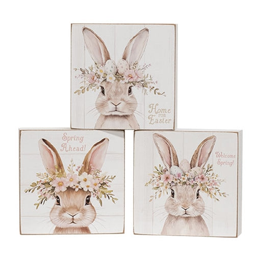 Welcome Spring Floral Crown Bunny Box Sign - 3 Asstd