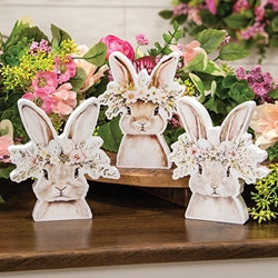 Spring Floral Crown Wooden Bunny Sitter - 3 Asstd