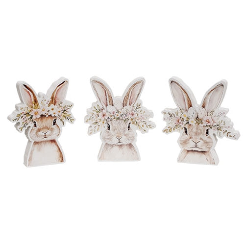Spring Floral Crown Wooden Bunny Sitter - 3 Asstd