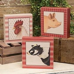 Primitive Farm Animal Portrait Box Sign - 3 Asstd