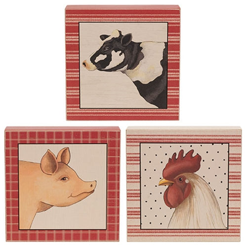 Primitive Farm Animal Portrait Box Sign - 3 Asstd