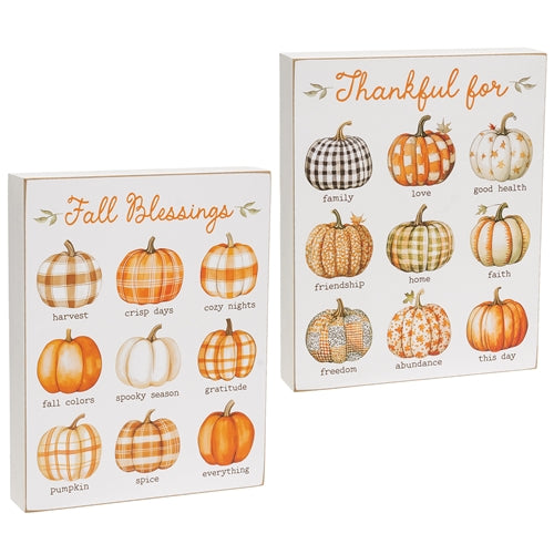 Thankful For Fall Blessings Pumpkin Box Sign - 2 Asstd.