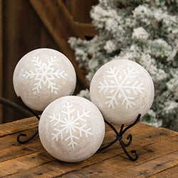 Distressed White Wooden Snowflake Engraved Decorative Ball - 3 Asstd.