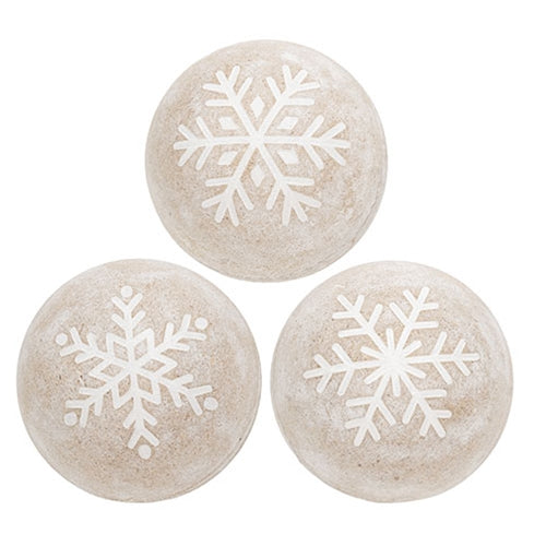 Distressed White Wooden Snowflake Engraved Decorative Ball - 3 Asstd.