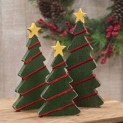 6/Set - Chunky Wooden Christmas Trees With Stars & Velvet Garland