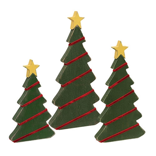 6/Set - Chunky Wooden Christmas Trees With Stars & Velvet Garland