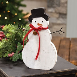 Rustic Wood Snowman Sitter With Red Velvet Scarf