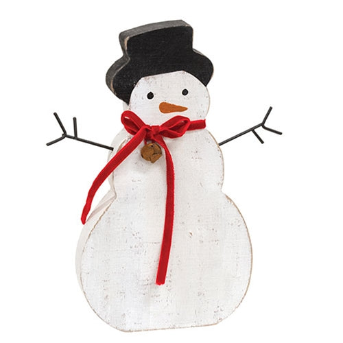 Rustic Wood Snowman Sitter With Red Velvet Scarf