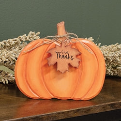 Hand Carved Wooden Give Thanks Pumpkin Sitter