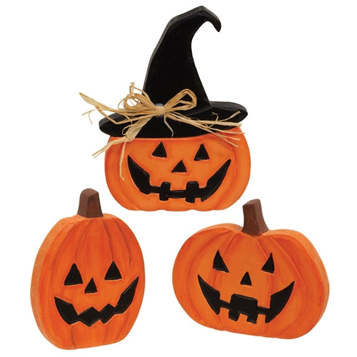 3/Set - Hand Carved Jack O Lantern Sitters