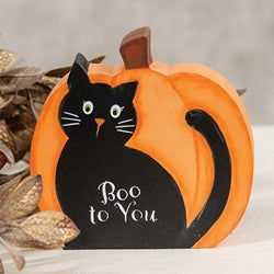 Boo To You Wooden Black Cat Pumpkin Sitter