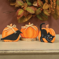 3/Set - Hand Carved Scaredy Cat Pumpkin Sitters
