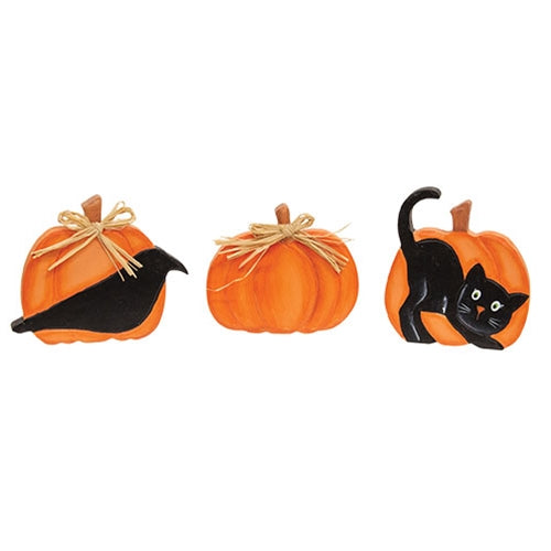 3/Set - Hand Carved Scaredy Cat Pumpkin Sitters