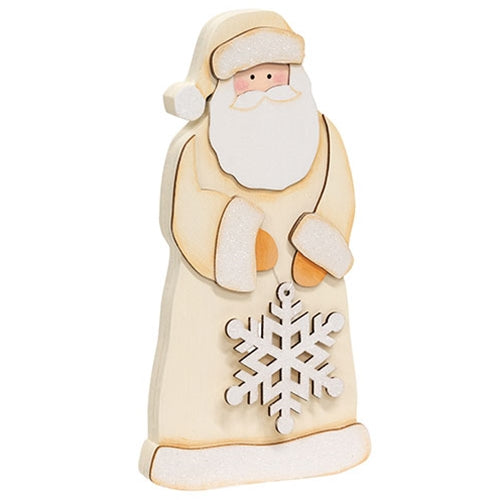 Glittered Ivory Wooden Santa With Snowflake Sitter