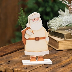 Glittered Ivory Wooden Santa With Greenery on Base