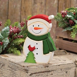 Hand Carved Wooden Snowman & Cardinal Sitter