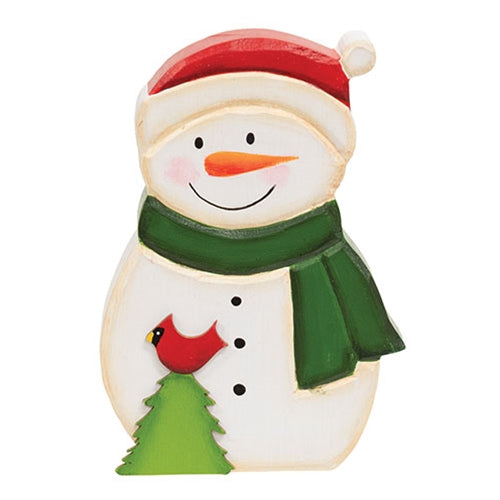 Hand Carved Wooden Snowman & Cardinal Sitter