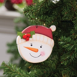 Hand Carved Snowman in Santa Hat Ornament