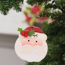 Hand Carved Round Wooden Santa Ornament