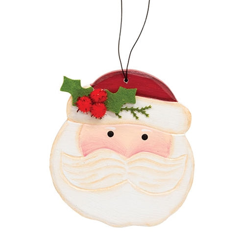 Hand Carved Round Wooden Santa Ornament