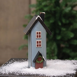 Wooden Snowy Blue Saltbox House - 7.5"H