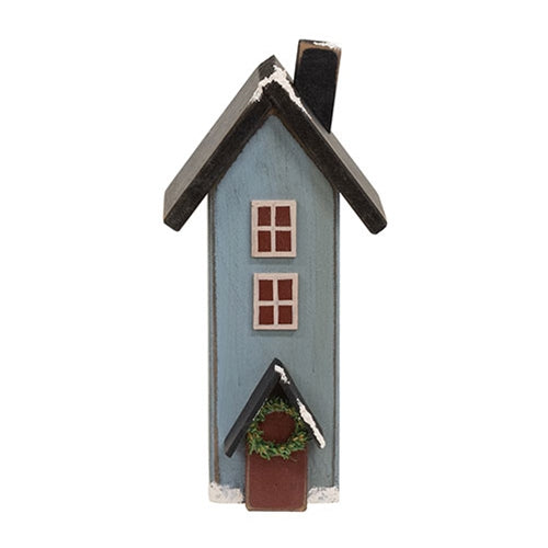 Wooden Snowy Blue Saltbox House - 7.5"H