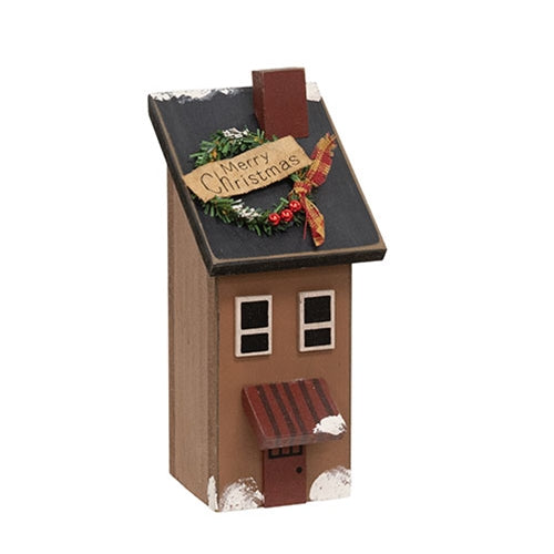 Wooden Snowy Merry Christmas Saltbox House - 7"H