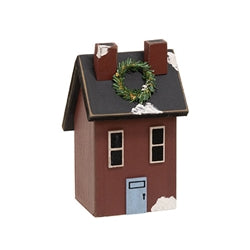 Wooden Snowy Red Double Chimney Saltbox House - 6"H